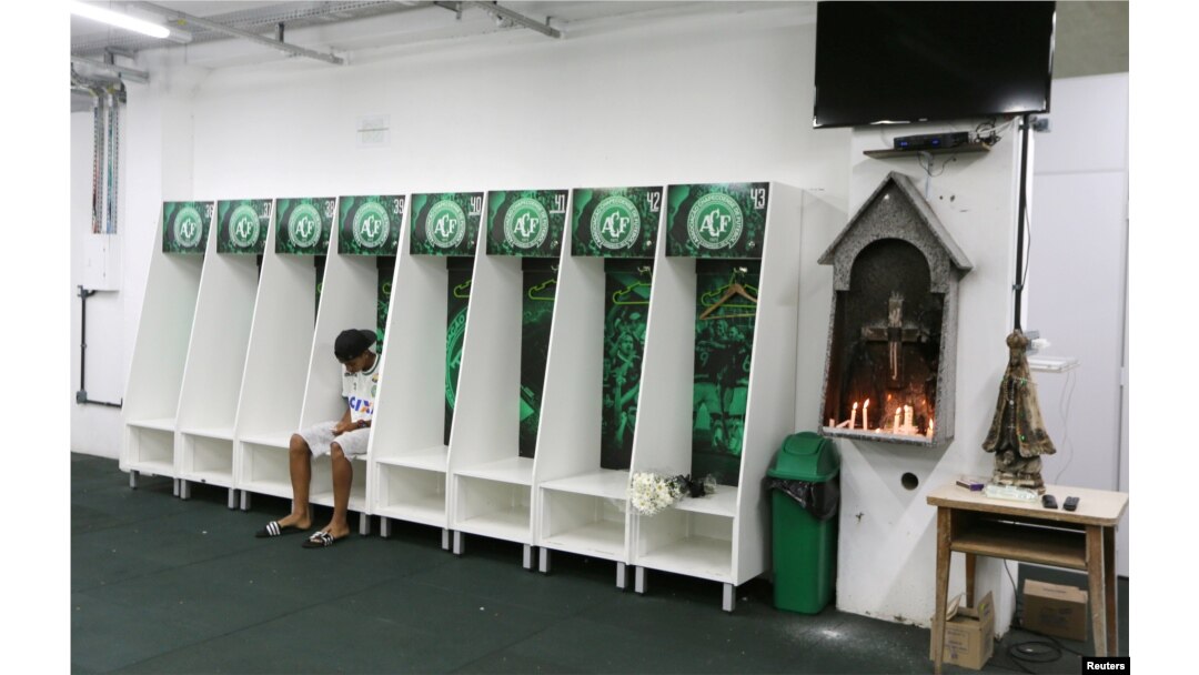 Leandro Bastos of Chapecoense's under-15 soccer team sits inside the team's locker room at the Arena Conda stadium in Chapeco, Brazil, Nov. 29, 2016.