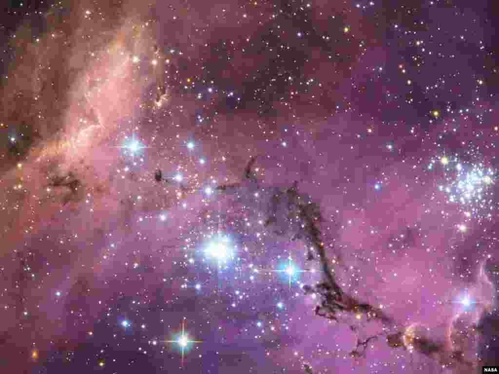 Berjarak hampir 200.000 tahun cahaya dari Bumi, Awan Magellan Besar, galaksi pengorbit Bima Sakti, melayang di angkasa, berirama dengan galaksi kita. Awan-awan raksasa di dalamnya perlahan jatuh membentuk bintang-bintang baru yang menyinari awan-awan gas ini dengan aneka warna. (ESA/NASA/Hubble)