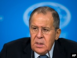 Russian Foreign Minister Sergey Lavrov speaks during his annual roundup news conference summing up his ministry's work in 2017, in Moscow, Russia, Jan. 15, 2018.