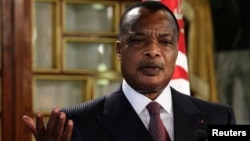 FILE - Congo's President Denis Sassou Nguesso speaks during a news conference.