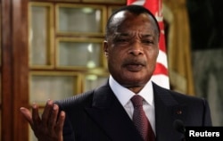 FILE - Congo's President Denis Sassou Nguesso speaks during a news conference.