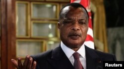 FILE - Congo's President Denis Sassou Nguesso speaks during a news conference.