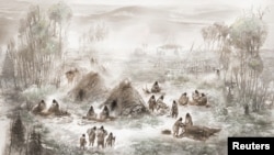 الاسکا میں دریائے سن کے قریب ساڑھے گیارہ ہزار سال پرانی انسانی آبادی کی ایک تصوراتی تصویر