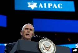 Vice President Mike Pence speaks at the 2017 American Israel Public Affairs Committee (AIPAC) policy conference in Washington, March 26, 2017.