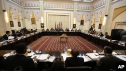 Delegations from Afghanistan, Pakistan, the United States and China discuss a road map for ending the war with the Taliban at the Presidential Palace in Kabul, Afghanistan, Feb. 23, 2016.