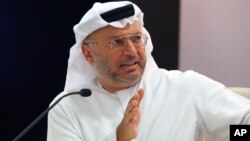 FILE - Emirati Minister of State for Foreign Affairs Anwar Gargash speaks during a news conference on Yemen in Dubai, United Arab Emirates, Aug. 13, 2018. 