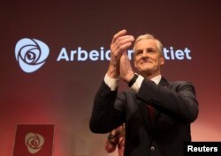 Norway's Labour Party leader Jonas Gahr Stoere gestures at the election gathering of AP (Norway´s Labour Party) in Oslo, Norway, Sept. 11, 2017.