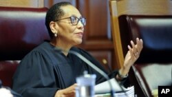 FILE - Sheila Abdus-Salaam, Associate Judge of the Court of Appeals, reacts during a case before the Court of Appeals, June 1, 2016, in Albany, New York.