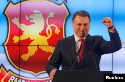 Leader of Macedonian ruling party VMRO-DPMNE and former Prime Minister Nikola Gruevski addresses the media in Skopje, Macedonia, Dec. 12, 2016.