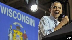 President Barack Obama speaks at Master Lock in Milwaukee, Wisconsin, February 15, 2012.