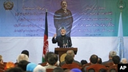 Afghan President Hamid Karzai speaks during a gathering in Kabul, Afghanistan, April 17, 2012. 