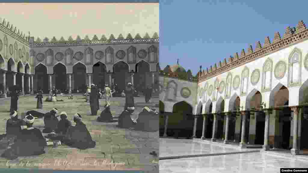 Al-Azhar University, Cairo, Egypt, founded c. 970 by the Fatimid Caliphate, it is still a global center of Islamic studies (L) ca. 1867-1899, Maison Bonfils (Beirut. Library of Congress (R) 26 September 2011, CC/Poco a Poco. 