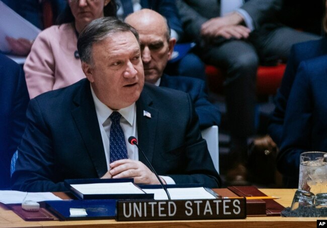 FILE - U.S. Secretary of State Mike Pompeo speaks at the U.N. Security Council at the U.N Headquarters, Jan. 26, 2019.