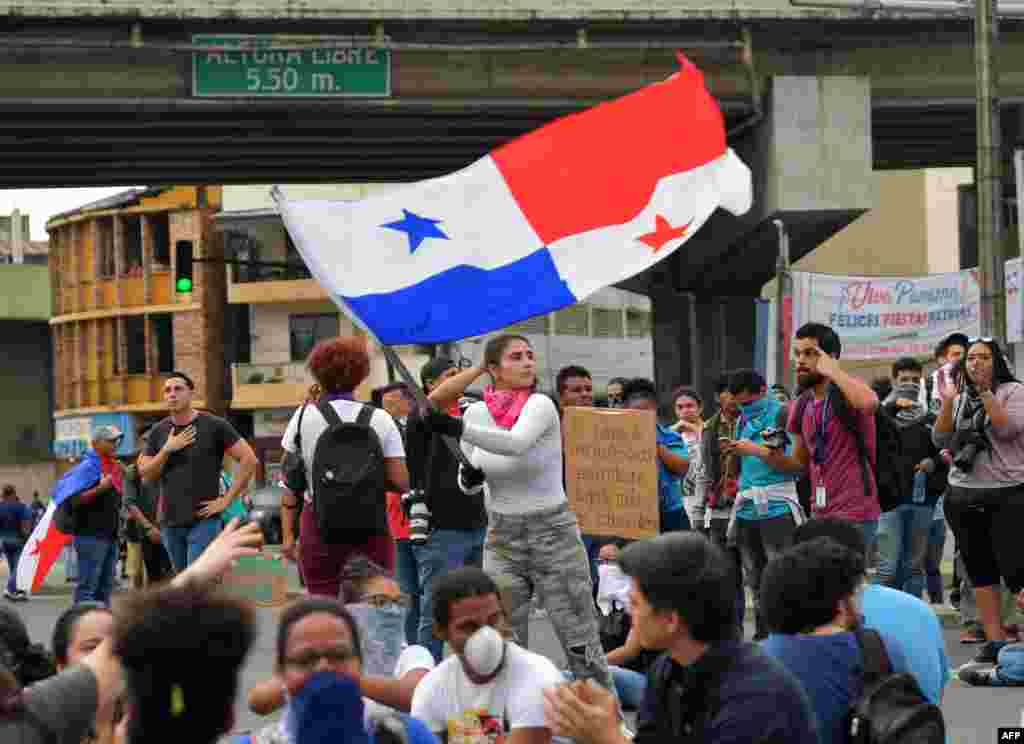 Un manifestante ondea una bandera nacional durante la protesta. 