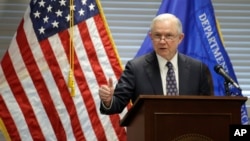 Attorney General Jeff Sessions speaks to federal, state and local law enforcement officials about sanctuary cities and efforts to combat violent crime, July 12, 2017, in Las Vegas.