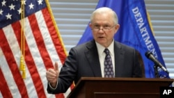 FILE - Attorney General Jeff Sessions speaks to federal, state and local law enforcement officials about sanctuary cities and efforts to combat violent crime, July 12, 2017, in Las Vegas.