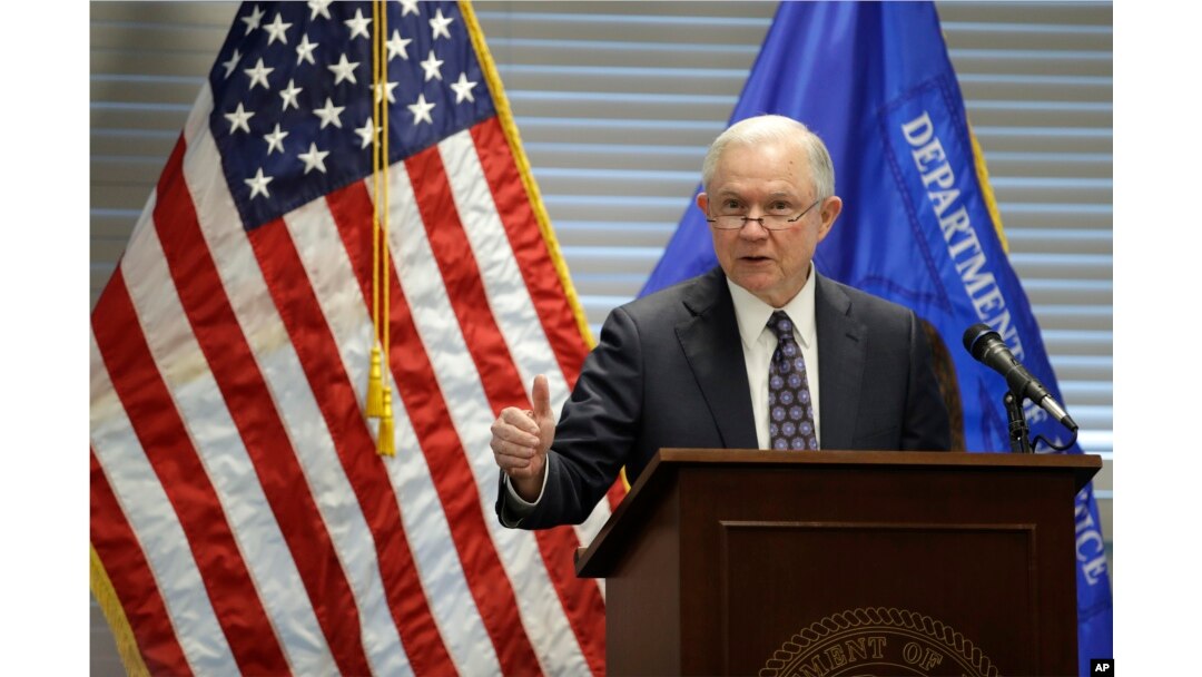 FILE - Attorney General Jeff Sessions speaks to federal, state and local law enforcement officials about sanctuary cities and efforts to combat violent crime, July 12, 2017, in Las Vegas.