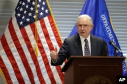 FILE - Attorney General Jeff Sessions speaks to federal, state and local law enforcement officials about sanctuary cities and efforts to combat violent crime, July 12, 2017, in Las Vegas.