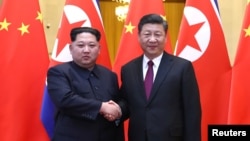 Lãnh tụ Triều Tiên Kim Jong Un và Chủ tịch Trung Quốc Tập Cận Bình bắt tay trong Đại lễ đường Nhân dân ở Bắc Kinh, Trung Quốc, trong bức hình được công bố vào ngày 28 tháng 3, 2018.