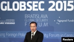 Britain's Prime Minister David Cameron delivers a speech during the Bratislava Global Security Forum Globsec in Bratislava, Slovakia, June 19, 2015