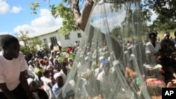 Oxfam workers demonstrate how to erect mosquito nets in the Gutu district of Zimbabwe, about 290km southeast of Harare (File Photo)