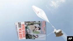 지난 2017년 3월 천안함 피격 6주기를 맞아 탈북자들이 날린 풍선 안에 김정은 북한 국무위원장을 비난하는 전단지들이 보인다. 