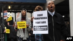People protest against Uganda's proposed anti-homosexuality bill in New York on Nov 19, 2009.