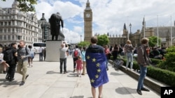 A demonstrator wrapped in the EU flag takes part in a protest opposing Britain's exit from the European Union in Parliament Square following yesterday's EU referendum result, London, June 25, 2016. 