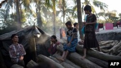 FILE - Rohingya stand on chopped trees in the Naybara refugee camp in Cox's Bazar, Dec. 3, 2017.