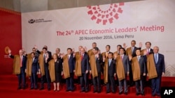 20일 페루 리마에서 열린 APEC 정상회의 폐막식에서 바락 오바마 미국 대통령을 비롯한 각국 정상들이 기념촬여을 하고 있다.