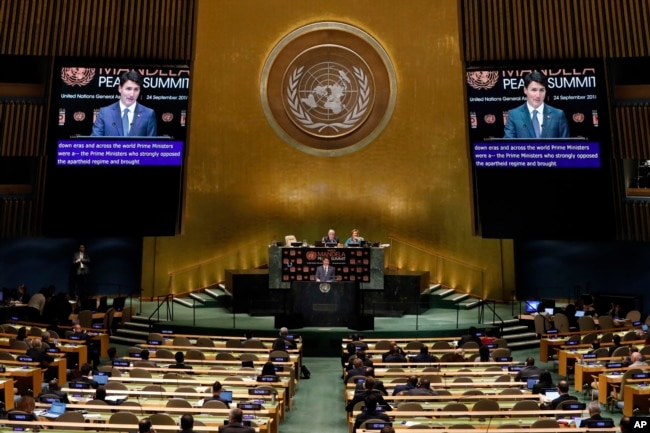 Prime Minister of Canada Justin Trudeau addresses the Nelson Mandela Peace Summit in the United Nations General Assembly, at U.N. headquarters, Sept. 24, 2018.