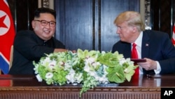 도널드 트럼프 미국 대통령과 김정은 북한 국무위원장이 지난해 6월 싱가포르에서 열린 첫 정상회담에서 합의문에 서명한 후 악수하고 있다.