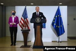 US President Joe Biden addresses the media with President of the European Commission Ursula von der Leyen during the G-20 of World Leaders Summit on Oct. 31, 2021 at the convention center "La Nuvola" in the EUR district of Rome.
