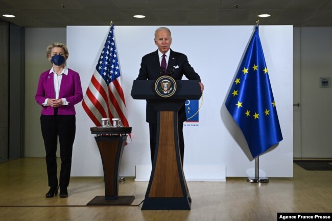 US President Joe Biden addresses the media with President of the European Commission Ursula von der Leyen during the G-20 of World Leaders Summit on Oct. 31, 2021 at the convention center "La Nuvola" in the EUR district of Rome.