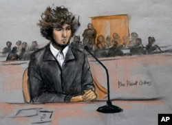 A courtroom sketch depicts Dzhokhar Tsarnaev in federal court in Boston, Massachusetts, December 18, 2014.