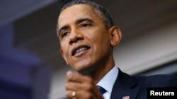 8일 바락 오바마 미국대통령이 백악관에서 열린 기자회견에서 정부 폐쇄 사태에 대해 말하고 있다. 