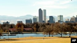 The Denver skyline is seen on Dec. 3, 2021.