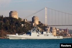 The Russian Navy's frigate Admiral Essen sets sail in the Bosphorus, on its way to the Mediterranean Sea, in Istanbul, Turkey March 1, 2019.