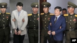 FILE - In this combination of file photos, U.S. citizens Otto Warmbier on March 16, 2016, left, and Kim Dong Chul on April 29, 2016; are escorted at court in Pyongyang, North Korea.