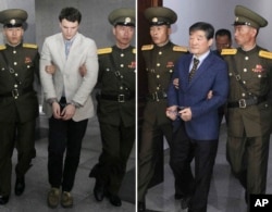 FILE - FILE - In this combination of file photos, U.S. citizens Otto Warmbier on March 16, 2016, left, and Kim Dong Chul on April 29, 2016; are escorted at court in Pyongyang, North Korea.