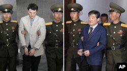 Wamarekani Otto Warmbier mwezi machi 16, 2016, kushoto, Kim Dong Chul Aprili 29, 2016 wakifishwa mahakamani Korea Kaskazini.