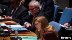 U.S. Ambassador to the United Nations Samantha Power (C) addresses the U.N. Security Council at the U.N. headquarters in New York, July 18, 2014.