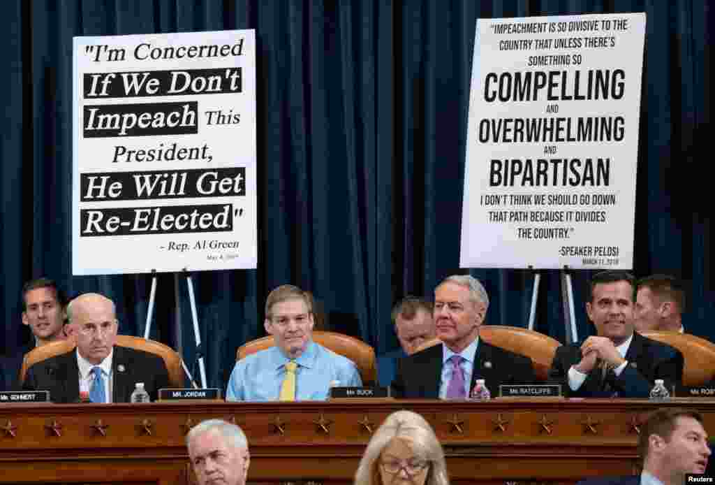 U.S. Representative Louie Gohmert (R-TX), Rep. Jim Jordan (R-OH, Rep. Ken Buck (R-CO) and Rep. John Ratcliffe (R-TX) attend a House Judiciary Committee hearing on the impeachment Inquiry into President Donald Trump on Capitol Hill in Washington.