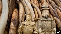 FILE - In this Thursday, April 28, 2016 file photo, ivory statues stand in front of one of around a dozen pyres of elephant tusks, before being burned to encourage global efforts to help stop the poaching of elephants and rhinos, in Nairobi National Park, Kenya. (AP Photo/Ben Curtis, File)