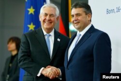 The press traveled with Rex Tillerson when the U.S. Secretary of State meet with German Foreign Minister Sigmar Gabriel, right, prior to the G-20 Foreign Ministers meeting in Bonn, Germany, Feb, 16, 2017.