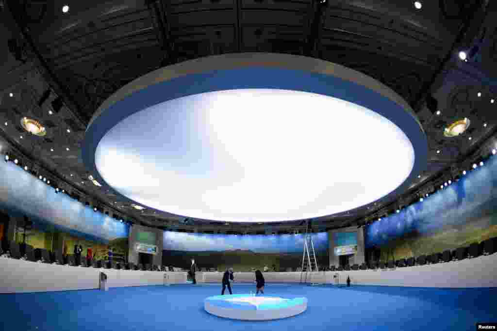 Final preparations are made to the main conference room in the Celtic Manor Hotel, ahead of the NATO summit, in Newport, Wales.