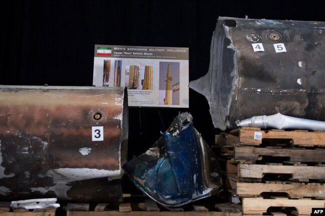 Pieces of an Iranian Qiam Ballistic Missile are on display after US Ambassador to UN Nikki Haley unveiled classified information intending to prove Iran provided the Houthi rebels in Yemen with arms, during a press conference, Dec. 14, 2017, in Washington.