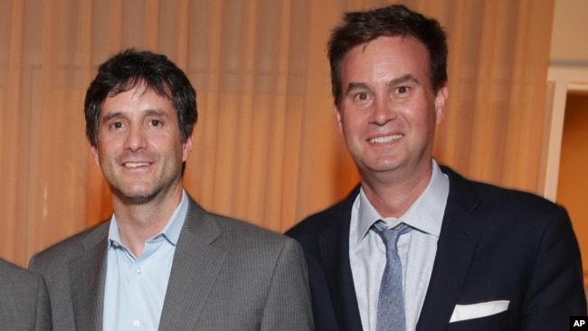 FILE - Jamie Erlicht, left, and Zack Van Amburg are pictured at a Showtime/Sony Pictures Television gathering in Culver City, Calif., July 16, 2014.
