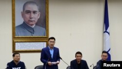 新當選的國民黨黨主席江啟臣在記者會講話。 （2020年3月7日）