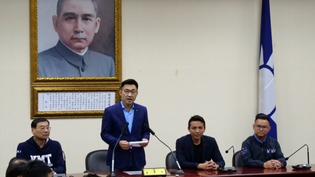 新当选的国民党党主席江启臣在记者会讲话。（2020年3月7日）